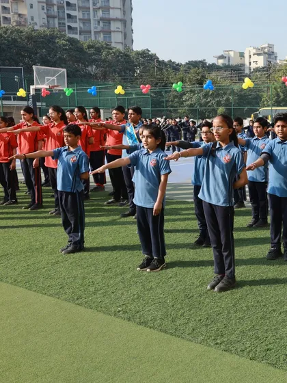 Students stand in formation during the march past at our Annual Sports Day. The event showcases not just athletic talent but also the discipline, teamwork, and spirit of unity that we cultivate.
