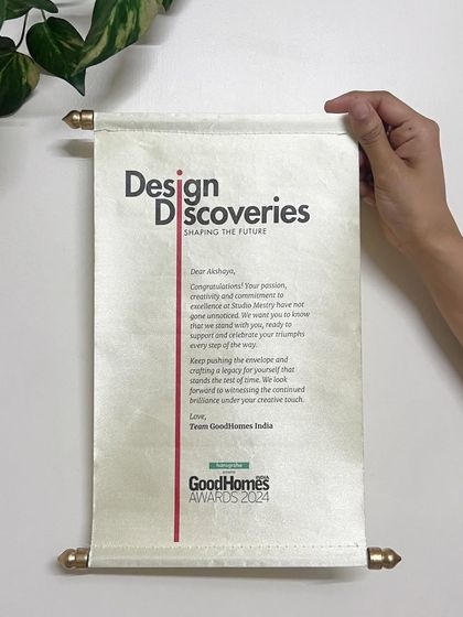 The beautiful scroll we received for our "Design Discoveries" award from GoodHomes India. This recognition inspires us to continue pushing the boundaries of design and creating beautiful spaces.