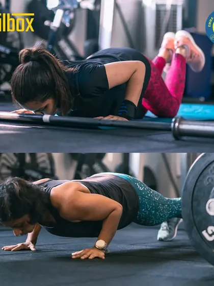 We guide you through every step of your fitness journey. This image shows the push-up progression, starting from on-knee push-ups to the full standard form, making strength training accessible to everyone.