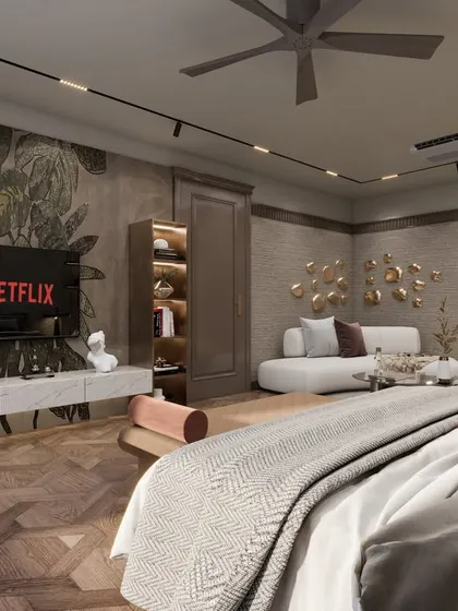 The TV wall in this master bedroom is adorned with a beautiful botanical wallpaper, adding a touch of nature and artistry. The mix of classic walls and modern furniture creates a unique and posh design.