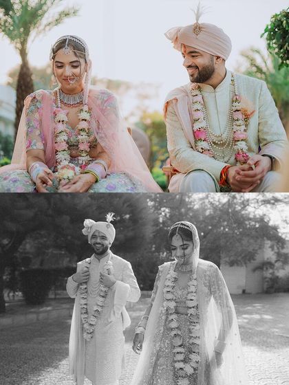 A mix of seated and walking portraits, in both color and black and white, capturing the couple's relaxed and happy interactions on their wedding day.