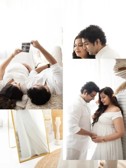 A collage that tells a story. It includes a beautiful shot of the couple looking at their ultrasound photo, a precious memory from the beginning of their journey.