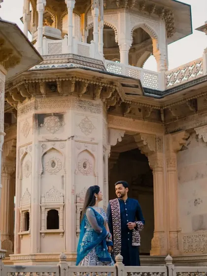 This series of photos at Gaitor Ki Chhatriyan showcases a variety of poses, from intimate close-ups to grand wide shots. I work with each couple to find the angles and compositions that best tell their story against these beautiful marble structures.