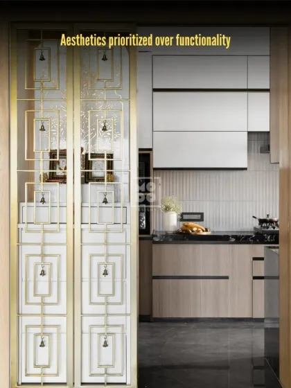 We never prioritize aesthetics over functionality. A beautiful space that doesn't work for your daily life is a design failure. Here, a stunning mandir door is also perfectly functional.