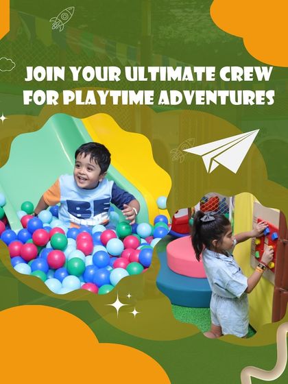 Join the crew for playtime adventures. This graphic captures the essence of what we offer: a place for kids to slide, build, and let their imaginations soar.
