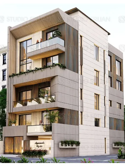 An angled perspective of the Shiv Nagar project, showing how the different volumes of the building interlock. The design is functional and aesthetically pleasing, with a focus on material honesty.