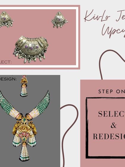 This graphic explains Step 1 of our upcycling process: Select & Redesign. We collaborate with you to understand your style and create a design that incorporates a modern aesthetic while preserving the beauty of your old jewelry.