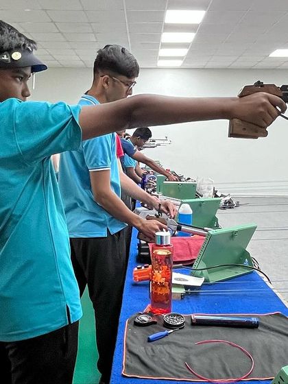 Jonathan, a 13-year-old prodigy, in action during the 66th National Shooting Championships in Bhopal where he shot an incredible score of 577.