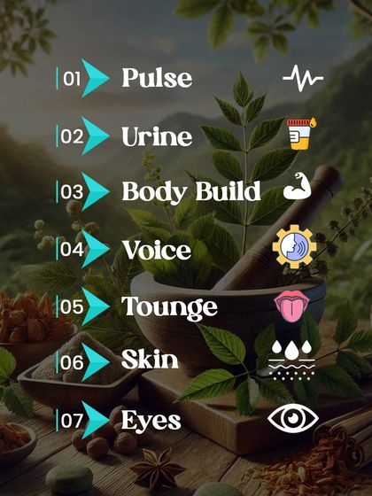 A look at the 7 key diagnostic indicators in Ayurveda, including Pulse (Nadi), Tongue (Jihva), and Eyes (Drik), which help us create a complete picture of your health.