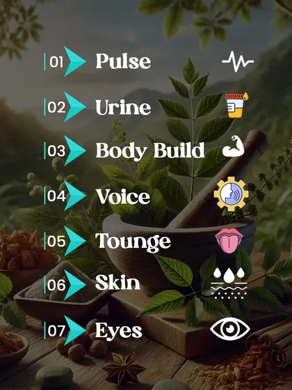Your body speaks, and we listen. Ayurveda uses seven key diagnostic methods, including checking the pulse, tongue, skin, and even voice, to understand your unique constitution and health imbalances.