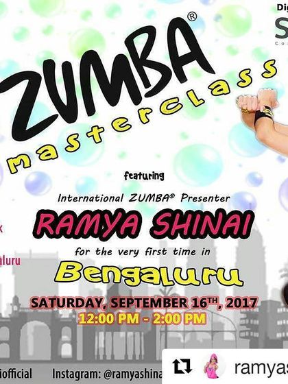The promotional poster for a Zumba Masterclass with international presenter Ramya Shinai. I love bringing these unique opportunities to the Bangalore dance fitness community.
