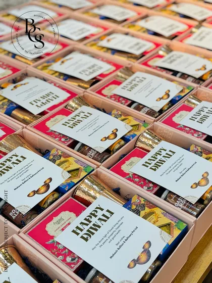 Another angle of the Mahavir Bullion Diwali gift boxes, showing the neat arrangement and consistent quality across a large order. This is perfect for corporate clients who need reliable and impressive festive gifting solutions.