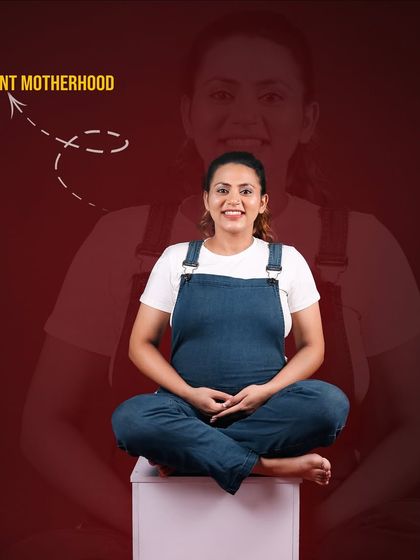 A joyful solo portrait of the mother-to-be in cute denim overalls. The title 'Radiant Motherhood' perfectly describes her bright smile and happy energy.