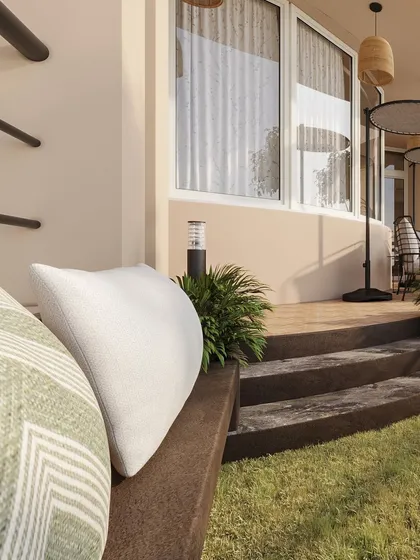 This close-up shows the comfortable cushions and the soft texture of the built-in seating, inviting you to relax and unwind.