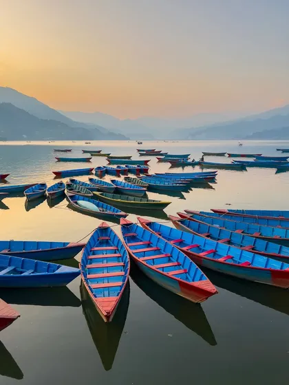 A serene evening at Phewa Lake, Nepal, where dozens of colorful boats rest on the calm water. This travel photograph captures the peaceful atmosphere and beautiful light of the landscape just before sunset.
