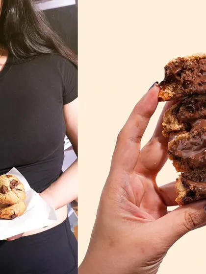 This image contrasts a real-life moment of holding the cookies with a close-up studio shot of a perfect, gooey stack. This combination tells a story from casual enjoyment to professionally styled perfection.