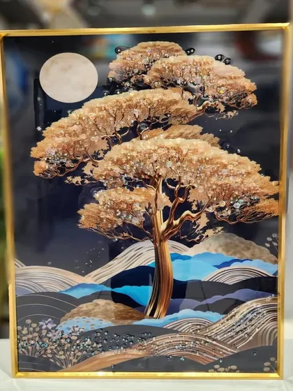A magical night scene comes to life in this 16x24 inch crystal painting. Featuring a glittering tree under a full moon, the artwork's depth and detailed texture create a sophisticated and enchanting atmosphere.