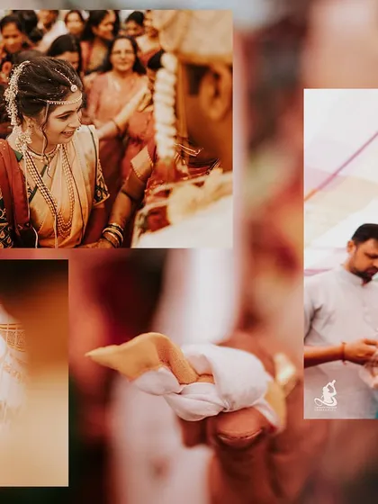 A collage focusing on the traditional rituals of a Maharashtrian wedding, including the tying of the knot and the bride's loving glance.
