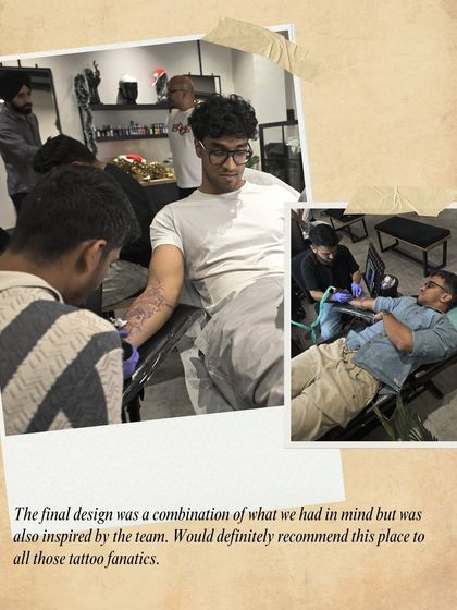 "The final design was a combination of what we had in mind but was also inspired by the team." A candid shot of a client getting inked.