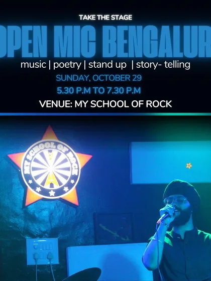 A sleek poster for our open mic in Bengaluru, highlighting the venue and the variety of acts.