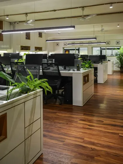 Another view of the SAS workspace, where I've integrated planters into the storage units. This not only adds greenery and improves air quality but also helps to create subtle, natural divisions within the open-plan office.
