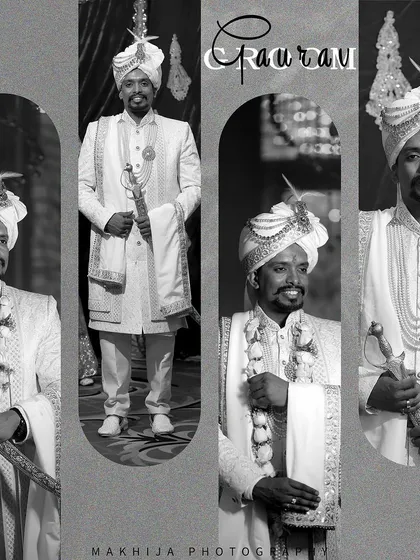 A classic black and white collage of the groom, Gaurav, in his wedding attire. The different poses showcase his royal look, complete with the turban and sword.