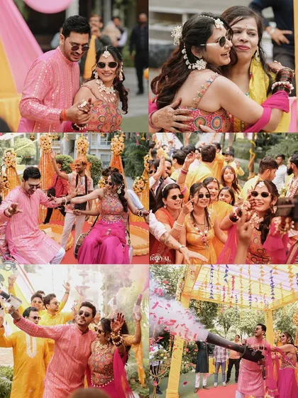 A collage capturing the high-energy moments of a Haldi party, from dancing with friends to fun with color smoke.