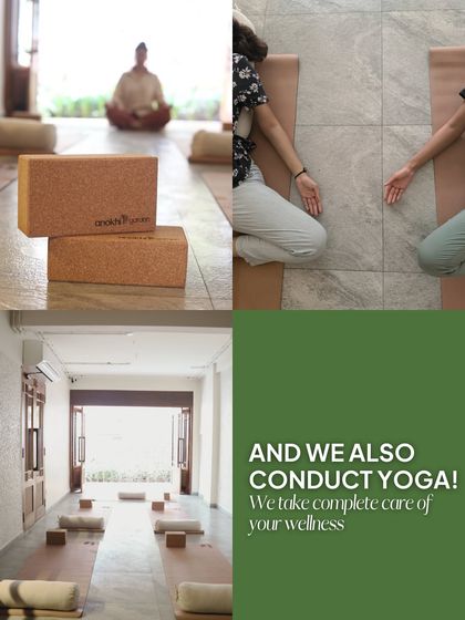 A collage showcasing our serene studio space and yoga props. We take complete care of your wellness, providing a peaceful environment for you to practice and connect.