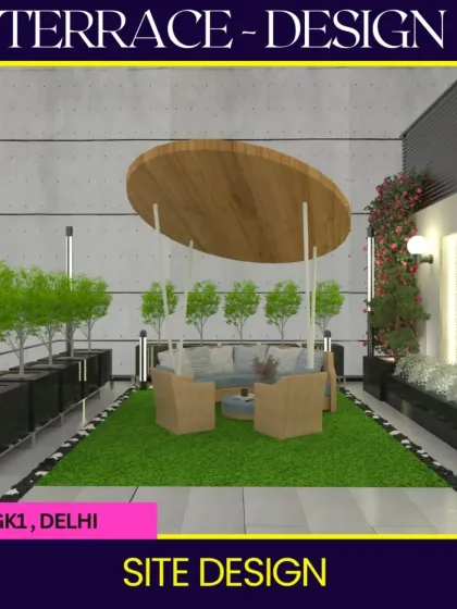 A design ideation for a GK1 terrace, featuring a unique floating circular canopy over a seating area. This concept plays with geometric shapes and clean lines to create a distinctly modern and minimalist feel.