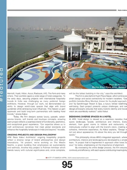 A page from a BW Hotellier feature showcasing my firm's diverse portfolio of hospitality projects and our philosophy of designing unique spaces for each brand.