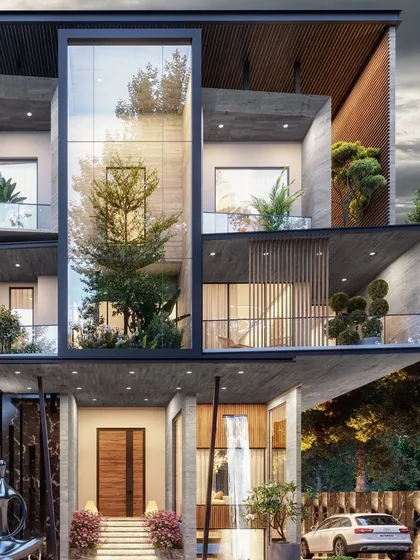 A design concept showcasing a multi-level residence where architecture and nature are deeply intertwined. A central glass atrium allows a tree to grow through the heart of the home, while cantilevered balconies and a waterfall feature create a truly extraordinary living experience.