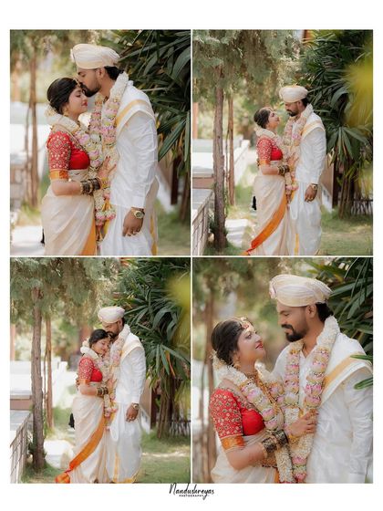 A collage of four romantic portraits, each capturing a different angle of the couple's love and affection on their wedding day.