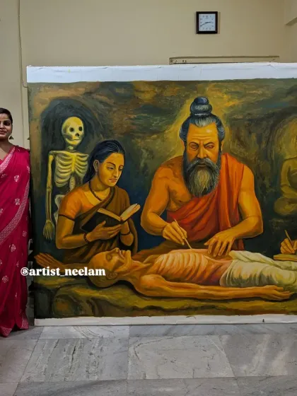 Standing with the finished 6x7 feet painting, "Ancient Science of Healing." It fills me with pride to complete a piece that honors our rich heritage of medicine and knowledge.