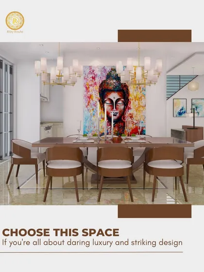 For clients who love making a statement, I design spaces that balance daring luxury with tasteful elegance. This dining room features a striking Buddha artwork as a focal point, complemented by a modern chandelier and clean-lined furniture. It's a space designed for memorable dinners and inspiring conversations.