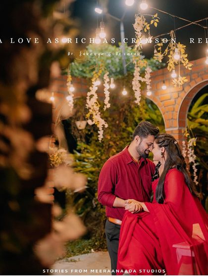 A stylish pre-wedding portrait of a couple, with text overlay creating a romantic poster effect.