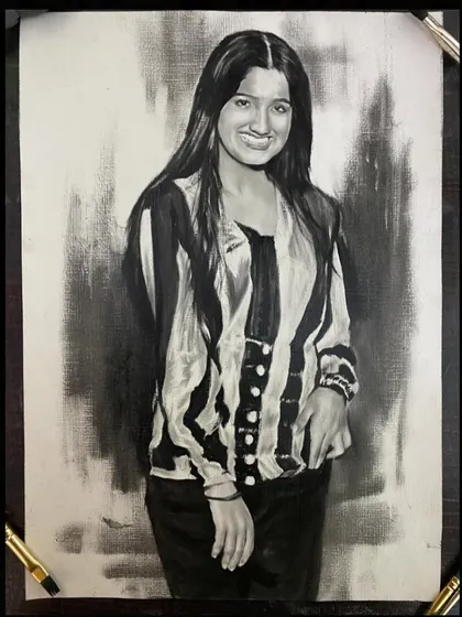 A stylish dry brush portrait of a woman in a striped shirt.
