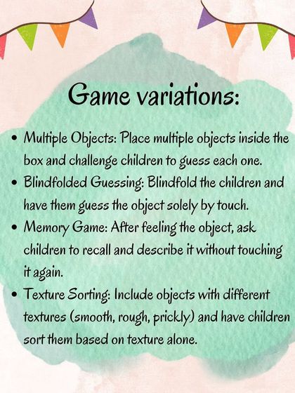 These images detail the materials, benefits, and variations for the Mystery Box game, which encourages curiosity and tactile exploration of natural objects.
