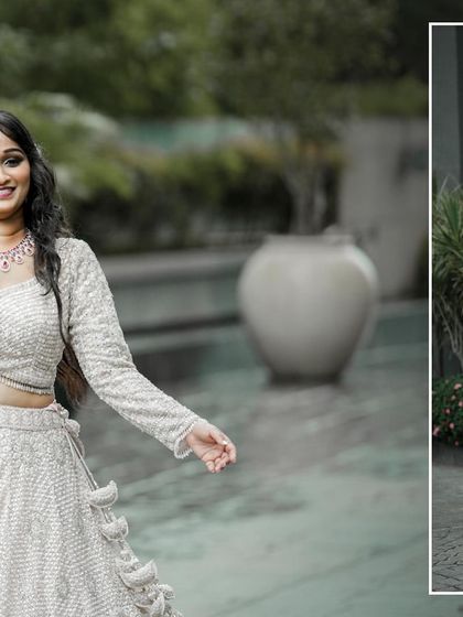 A joyful, candid shot of the bride walking with her groom. This collage captures the happiness and movement of the day, showing the couple in a natural, relaxed state.