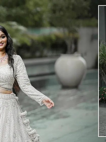 A joyful, candid shot of the bride walking with her groom. This collage captures the happiness and movement of the day, showing the couple in a natural, relaxed state.