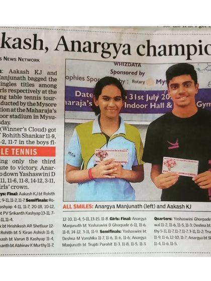 "Aakash, Anargya champions." This newspaper clipping from the Times News Network highlights the Under-19 singles titles bagged by Aakash and Anargya at the Mysore tournament.