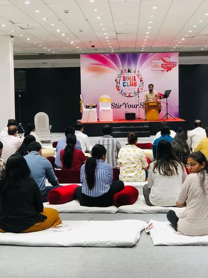 A shot from our corporate workshop with the Raymond team. We curate special sessions that use Hindustani vocal techniques to promote wellness and team building.