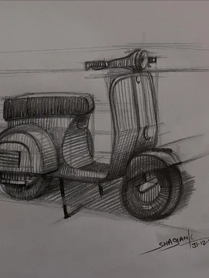 A classic scooter, drawn in pencil. This sketch is an exercise in capturing the iconic curves and form of the vehicle.