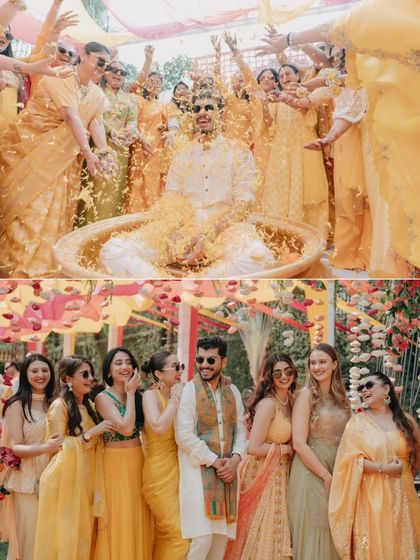 A collage showing the groom being showered with flower petals and posing with the bride tribe, capturing the fun and festive spirit of the Haldi.