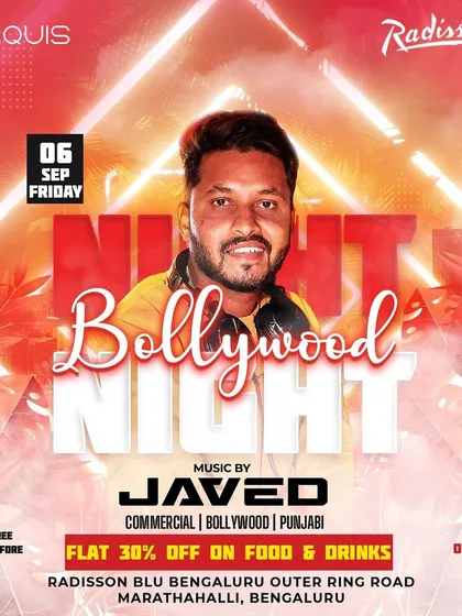 This is a promotional flyer for one of my signature Bollywood Nights at Marquis, Radisson Blu. I regularly perform at top venues across Marathahalli, bringing a mix of commercial, Bollywood, and Punjabi music.