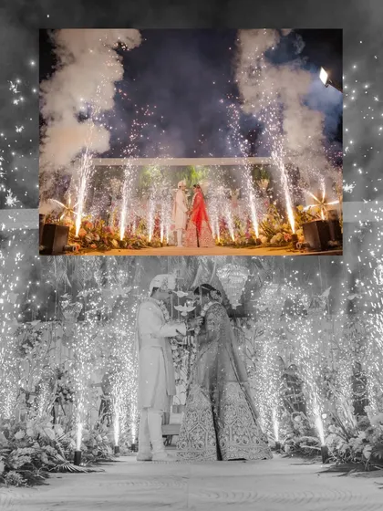 The Varmala exchange is a pinnacle moment. I captured Mehul and Saloni's ceremony with dramatic flair, using the sparkle of pyrotechnics to frame their union in a truly unforgettable way.