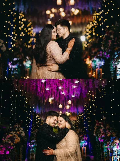 A collection of intimate moments set against a backdrop of fairy lights and floral decor. These close-up shots capture the couple's loving glances and gentle embraces during their grand celebration.