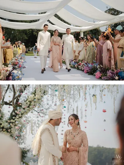 Two beautiful moments from a pastel-hued wedding. The bride's graceful entrance and the couple's loving gaze under the floral tree show the seamless flow from the aisle to the altar we meticulously plan.