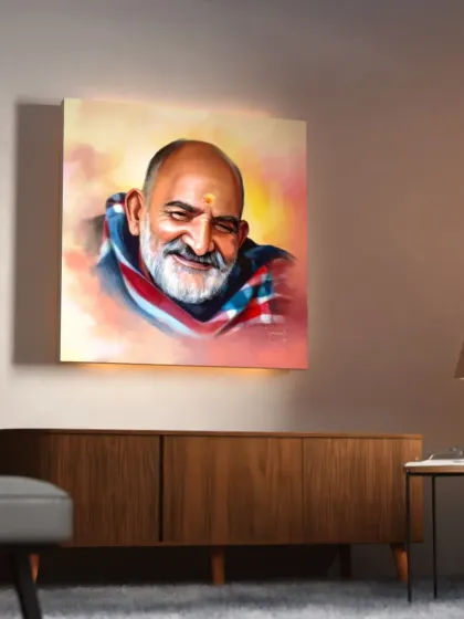 Another visualization of the Baba Nimkaroli portrait, this time in a modern living room setting with backlighting. It shows how the artwork can become a focal point of devotion in any space.
