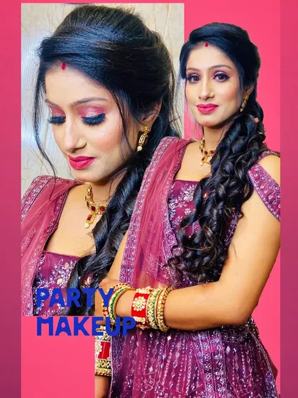 A vibrant party makeup look with a focus on bright pink eyeshadow and lips. The client's hair is styled in a voluminous, curly side ponytail, perfect for a festive occasion.