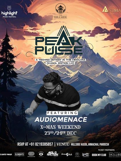 My Audiomenace flyer for 'Peak Pulse', a Christmas techno carnival in Kasol. Playing deep and melodic techno against a backdrop of snow-covered peaks is truly something else.
